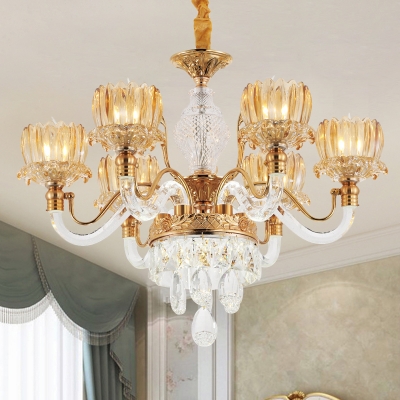6-Bulb Amber Glass Up Chandelier Traditional Gold Lotus Shade Living Room Pendant with Crystal Accent