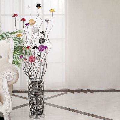 Art Deco Potted Plant Floor Standing Lamp Aluminum Wire LED Floor Light in Silver with Colorful Florets Detail