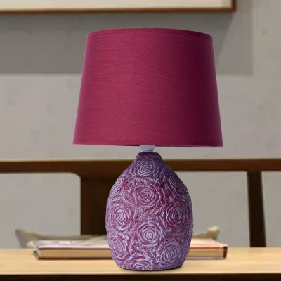 Barrel Shade Bedside Night Table Light Traditional Fabric Single Purple-Red Ceramics Nightstand Lamp