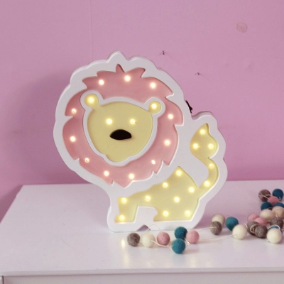 Battery Operated Lion Mini Night Lamp Cartoon Wood Pink/Orange-Yellow/Pink-Yellow LED Wall Mounted Light for Bedroom