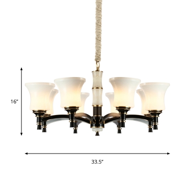 Bell Shade Opal Glass Pendant Chandelier Country 6/8-Light Living Room Suspension Lamp in Black