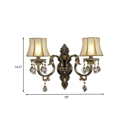 Black and Gold 2-Head Wall Lamp Traditional Frosted Glass Flared Sconce Light with Crystal Droplet