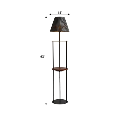 Black Cone Reading Floor Light Contemporary 1 Bulb Pleated Fabric Stand Up Lamp with Tray and USB Charging Port