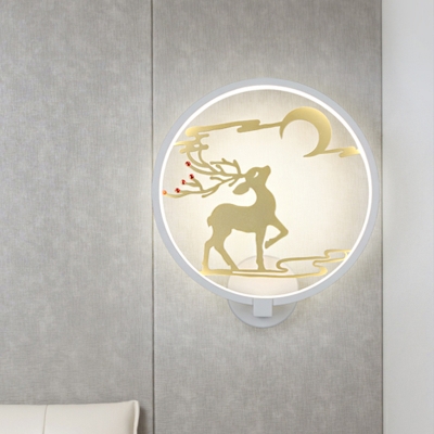 Black/White Elk Wall Lighting Idea Asian Style Metal LED Circle Mural Lamp Fixture, White/Warm Light