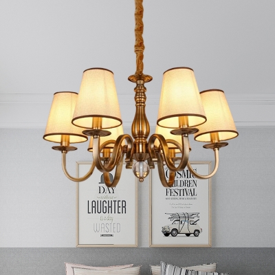 Brass Gooseneck Arm Suspension Light Vintage Metallic 6/8 Heads Drawing Room Pendant Chandelier with Conic Fabric Shade