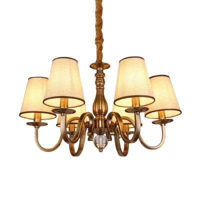 Brass Gooseneck Arm Suspension Light Vintage Metallic 6/8 Heads Drawing Room Pendant Chandelier with Conic Fabric Shade