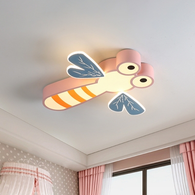 Cartoon Dragonfly Flush Mount Lamp Acrylic LED Bedroom Ceiling Light Fixture in Pink/Yellow