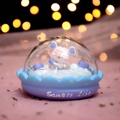Cartoon Mouse Night Stand Lamp Rubber Bedside Mini LED Table Lamp in Pink/Blue with Bowl Clear Glass Shade