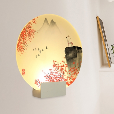 Chinese Poet and Autumn Scene Mural Lamp Acrylic Living Room Decorative LED Wall Mount Light in White