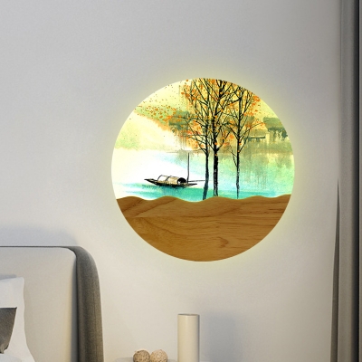 Circular Wall Mural Lamp Asian Style Acrylic LED Wood Wall Sconce Lighting with Tree and River Pattern, 9.5