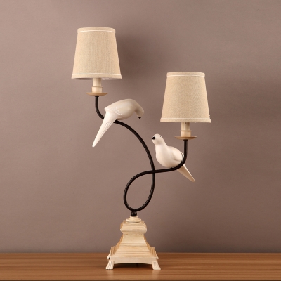 Conic Fabric Shade Table Light Contemporary 2 Heads Flaxen Night Lamp with Bird Decor