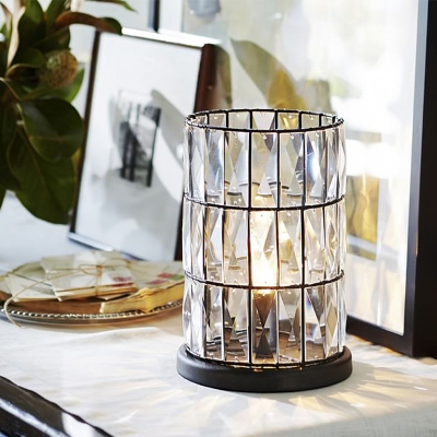 Cut Crystal Barrel Small Table Lamp Vintage 1-Head Living Room Night Light in Black