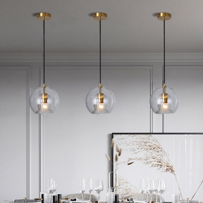 Double Layer Clear Globe Glass Pendant Minimalistic 1 Bulb Gold Hanging Ceiling Light, 6