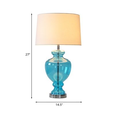 Drum Fabric Shade Nightstand Light Countryside 1-Light Bedside Table Lamp with Vase Blue Glass Base