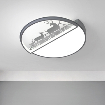 Dual Semicircle Ceiling Mounted Lamp Nordic Acrylic LED Bedroom Flush Light Fixture with Deer Pattern in White/Black/Grey