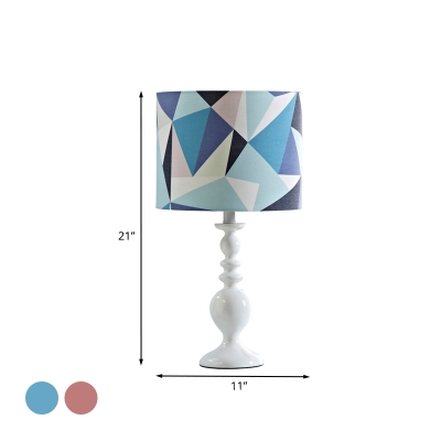 Fabric Drum Shade Desk Light Kids 1 Bulb Pink/Blue Table Lamp with Geometric Pattern