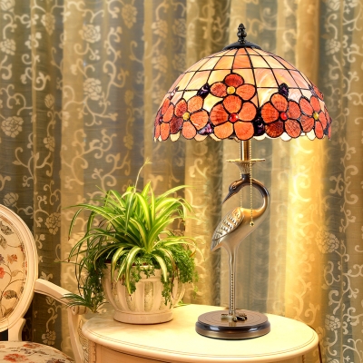 Flower-Border Dome Table Lamp Tiffany Stained Glass 2 Heads Gold Night Light with Crane Bird Base and Pull Chain