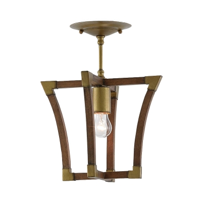 Frame Hallway Semi Mount Lighting Antiqued Wood 1-Bulb Brass Finish Ceiling Lamp Fixture