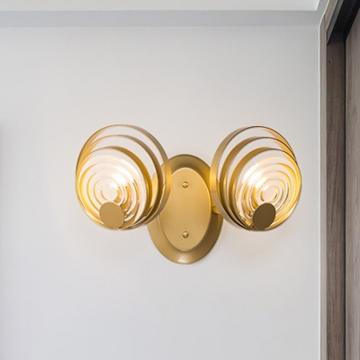 Gold 1/2-Bulb Sconce Lighting Post Modern Metal Multi-Ring Wall Lamp with Ripple Crystal Shade