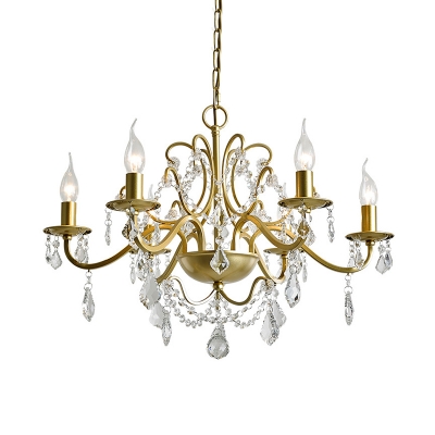 Gold Finish Candle Chandelier Traditional Metallic 6 Lights Living Room Hanging Lamp with Crystal Drop