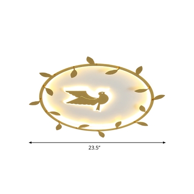 Gold Finish Rattan-Ring Flush Mount Nordic LED Acrylic Flushmount Lighting with Bird Pattern in White/Warm Light