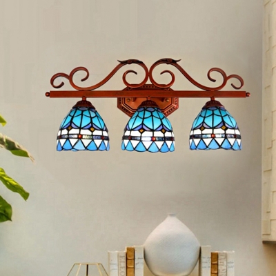 Hand Cut Glass Blue Sconce Lamp Bell Shade 3 Lights Mediterranean Wall Mounted Light