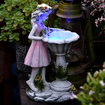 Nordic LED Ground Light Set Pink Angel and Baptismal Font Solar Patio Lamp with Resin Shade in Blue Light