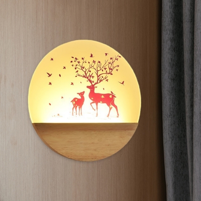 Nordic Style Deer/Bird Acrylic Wall Lamp LED Disc Mural Light Fixture in Wood for Bedroom Decoration
