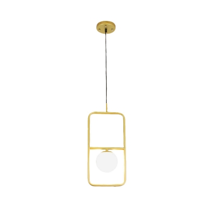 Opal Glass Ball Hanging Pendant Postmodern 1-Light Ceiling Lamp with Gold Rectangle Frame