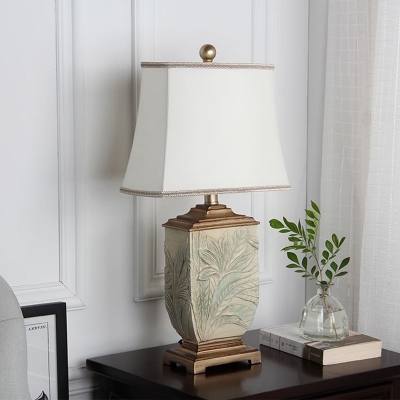 Oval Shade Bedroom Nightstand Light Antiqued Fabric Single White Table Lamp with Carved Resin Base