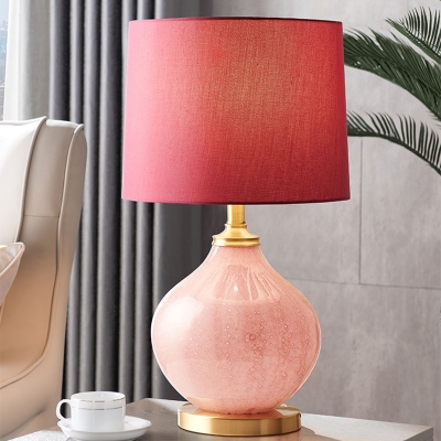 Retro Stylish Onion Nightstand Light Single Pink Glass Standing Table Lighting with Red Drum Fabric Shade