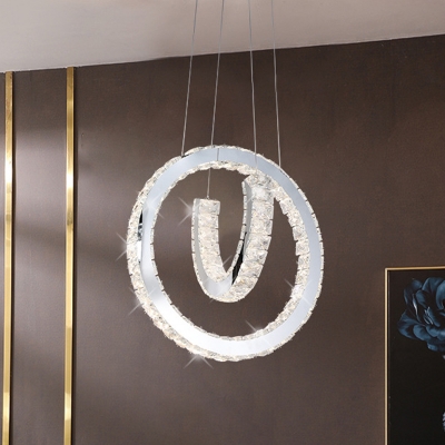 Ring and Semicircle Living Room Chandelier Beveled Crystal LED Simplicity Pendulum Light in Stainless-Steel
