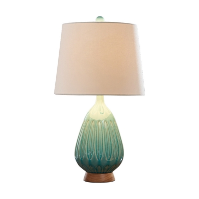 Rural Teardrop Night Table Lamp 1 Light Ceramics Nightstand Light in Green with Barrel Fabric Shade