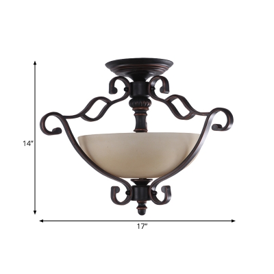 Scroll Arm Metal Semi Flushmount Countryside 3-Head Bedroom Ceiling Flush with Bowl Tan Glass Shade in Red Brown
