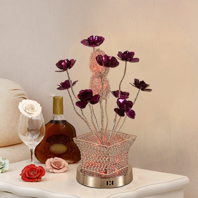 Silver LED Nightstand Light Art Deco Aluminum Wire Potted Plant Table Lamp with Purple Florets Detail
