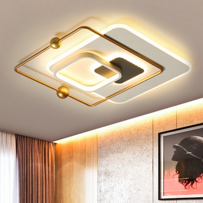Squared Bedroom Ceiling Mounted Light Metallic LED Modernism Flush Lamp Fixture in White and Gold, White/Warm Light