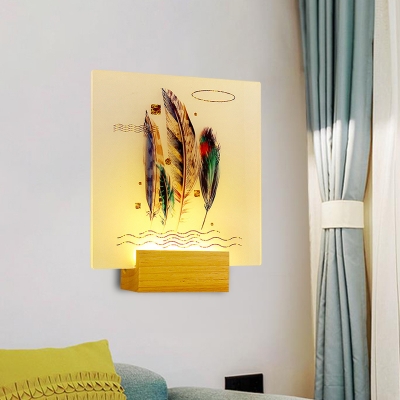 Squared Panel Wall Sconce Asian Acrylic LED Wood Wall Mural Light Fixture with Feather Pattern