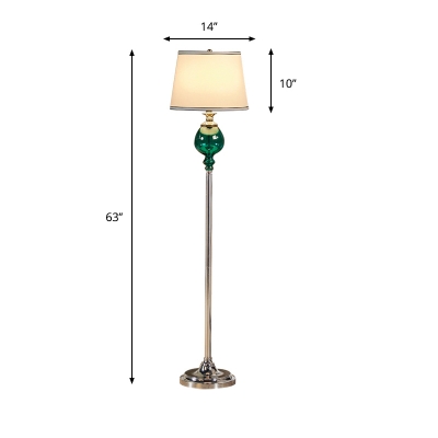 Tapered Drum Fabric Floor Light Vintage 1 Head Living Room Standing Lamp in Beige with Pot Green Glass Decor