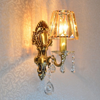 Traditional Conic Wall Mount Lamp Single-Head Clear Crystal Block Wall Light in Brass