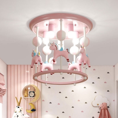 Unicorn Flush Light Fixture with Carrousel Design Cartoon Resin 6 Bulbs Blue/Pink Flush Mount