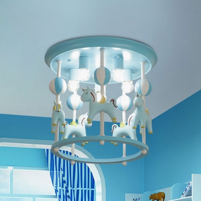 Unicorn Flush Light Fixture with Carrousel Design Cartoon Resin 6 Bulbs Blue/Pink Flush Mount