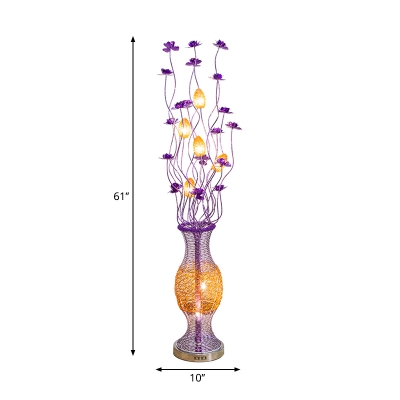 Vase and Floral Parlour Floor Light Art Deco Aluminum Wire Purple and Yellow LED Stand Up Lamp