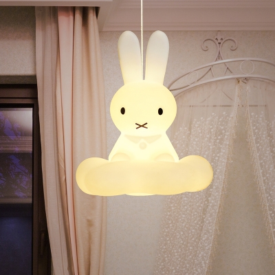 White Rabbit Pendulum Light Cartoon 1 Bulb Plastic Pendant Lighting for Nursery School