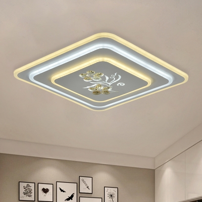 White Tiered Round/Square Ceiling Light Modern Acrylic Bedroom LED Flush Mount with Floral Pattern