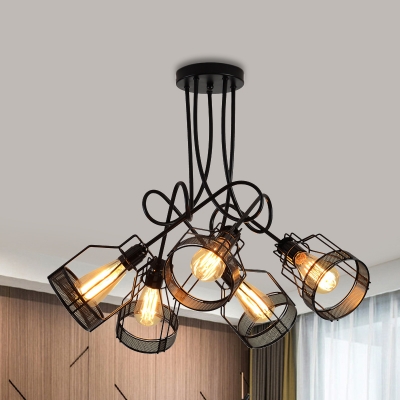 Wire Cage Dining Room Semi Flush Lamp Industrial Metallic 5 Heads Black Finish Flushmount with Twisted Arm