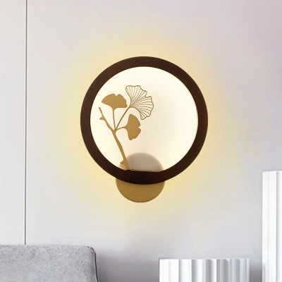 Wood Ginkgo Leaves Wall Mural Lamp Japanese Black/Beige LED Wall Mounted Lighting for Living Room