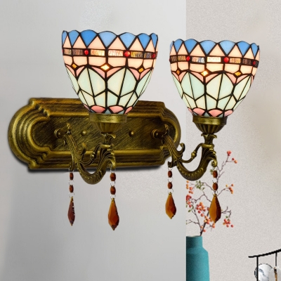 2-Light Bathroom Wall Lighting Tiffany Brass Sconce Lamp with Bell Blue Cut Glass Shade
