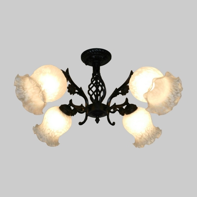 4-Head Semi Mount Lighting with Flower Shade White Glass Country Bedroom Ceiling Flush in Black