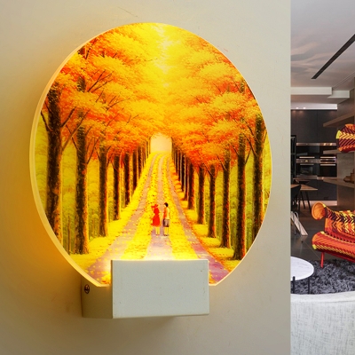 Acrylic Autumn Forest Path Mural Light Decorative LED Round Wall Lighting Ideas in White