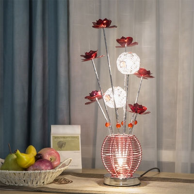 Aluminum Wire Red/Pink Finish Nightstand Lamp Florets and Vase LED Decorative Night Table Lighting